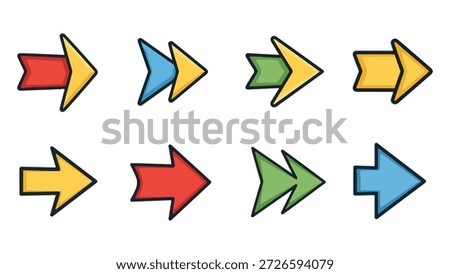 Collection of colorful arrows pointing right in various styles isolated on white background, Vector, illustration
