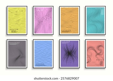 Collection of colorful art striped covers, templates, backgrounds, placards, brochures, banners, flyers and etc. Creative minimalistic posters with curve lines texture. Contemporary design