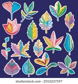 A collection of colorful, artistic leaves with various shapes and vibrant patterns on a deep navy-blue background.