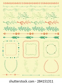 Collection of  Colorful Artistic Seamless Hand Sketched Decorative Doodle Vintage Borders and Frames. Design Elements. Hand Drawn Vector Illustration