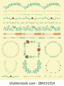 Collection of  Colorful Artistic Seamless Hand Sketched Decorative Doodle Vintage Borders and Frames. Design Elements. Hand Drawn Vector Illustration