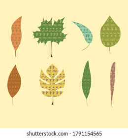 Collection of colorful autumn leaves with artistic ornament, vector illustration in flat style