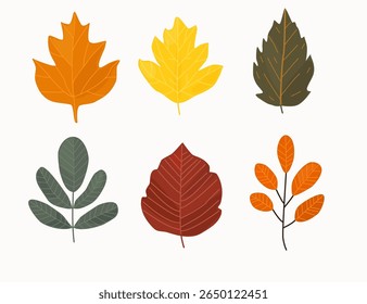 Collection of colorful autumn leaves in hand-drawn vector style. Includes red, orange, yellow, green, and brown tones. Flat texture. Great for seasonal decor, cards, stickers, prints, and packaging.