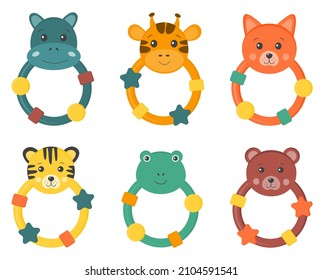 Collection of colorful baby rattles with cute funny animals. Things for baby care, teething toys for newborn kids. Toddler chewing teether.