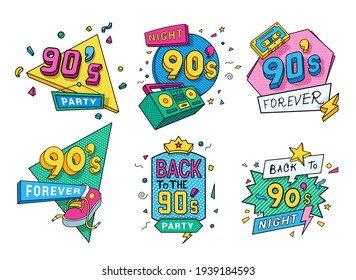 Collection of colorful back to 90s logo vector flat illustration in pop art style. Set of ninety years emblem numeral retro symbol isolated on white. Bundle of labels decorated with design elements