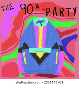 Collection of colorful back to 90s, vector flat illustration in pop art style. Illustration of a popular collared jacket from 90s on different coloured background