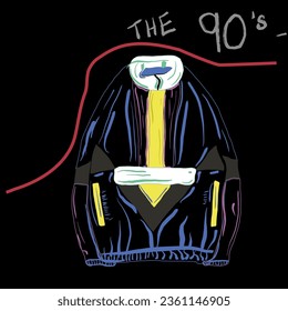 Collection of colorful back to 90s, vector flat illustration in pop art style. Illustration of a popular collared jacket from 90s on different coloured background