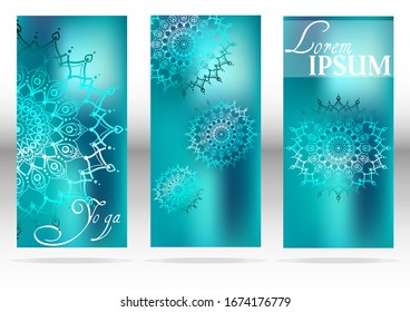 Collection of colorful backgrounds for cover design with mandalas. Blue gradient mandalas on turquoise and blue gradient mesh background. Yoga pattern.