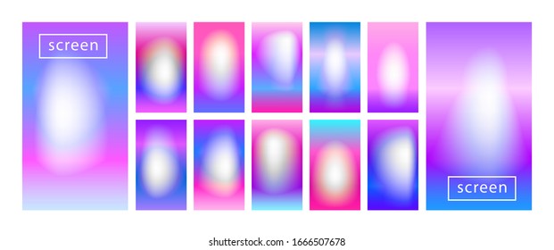 Collection of colorful backgrounds in trendy neon colors. Modern screen vector design for mobile app. Soft color abstract gradients. Swatches for design. Big set of pastel holographic gradients.