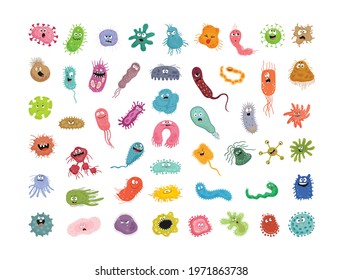 Collection of colorful bacteria and viruses with different emotions. Funny cartoon microbes.