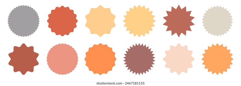 A collection of colorful badge shapes featuring various designs and shades, perfect for labels, stickers, and decorative elements.