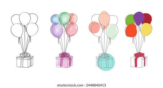 A collection of colorful balloons floating in the air, each tied to a small gift box. The balloons are varying in size and colors, creating a festive and celebratory atmosphere