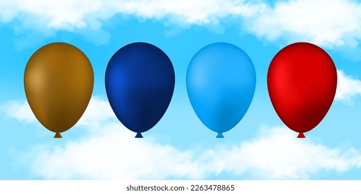 a collection of colorful balloons with a view of the sky and clouds