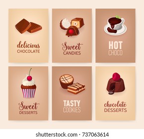 Collection of colorful banners with delicious desserts or tasty sweet courses and beverages - cookies, candies, hot chocolate, cakes. Vector illustration for cafe or confectionery advertisement.