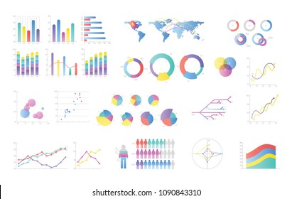 Collection Of Colorful Bar Charts, Pie Diagrams, Linear Graphs, Scatter Plots. Statistical And Financial Data Visualization And Representation. Vector Illustration For Business Presentation, Report