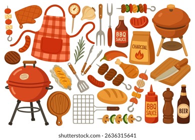 Collection of colorful barbecue elements in flat cartoon style, ideal for summer cookout design.