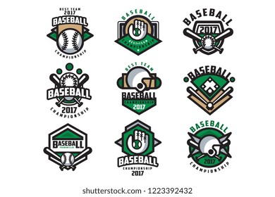 Collection of colorful baseball logos. Labels with balls, gloves, bats and protective helmets. Linear sports emblems. Flat vector design for team badge