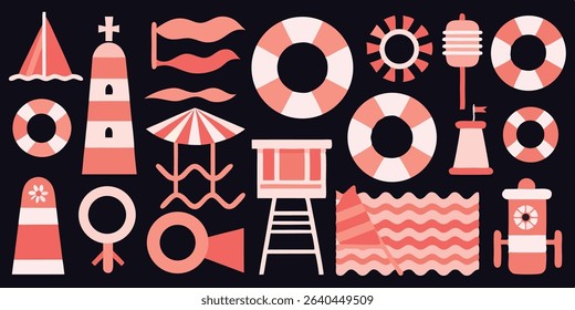 A collection of colorful beach icons, featuring lifeguard stands, life preservers, lighthouses, and umbrellas, in a flat design style.