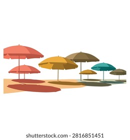 A collection of colorful beach umbrellas casting shadows on a sandy beach, suggesting a sunny day at the coast.