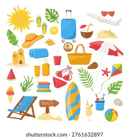 Collection of colorful beach vacation elements including accessories, tropical items and travel essentials. Perfect for summer design, tourism content, apps and seasonal promotions.