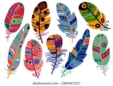 Collection of Colorful Bird Feathers with Patterns Set, Beautiful Decoration Elements Vector Illustration