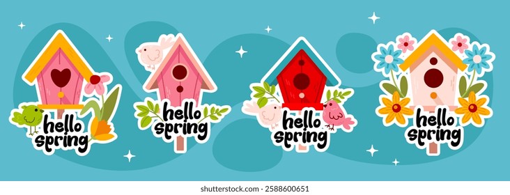 A collection of colorful birdhouse stickers with flowers and "Hello Spring" text. Perfect for seasonal decorations, scrapbooking, and greeting cards.