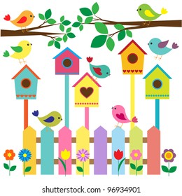 Collection of colorful birds and birdhouses