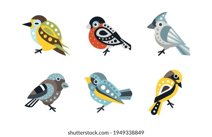 Collection of Colorful Birds, Bullfinch, Sparrow, Wren Cartoon Vector Illustration