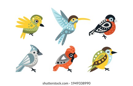 Collection of Colorful Birds, Hummingbird, Bullfinch, Northern Cardinal Cartoon Vector Illustration
