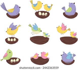 Colección de aves coloridas con nidos. Pájaros primaverales y polluelos.  Elementos decorativos de Pascua.