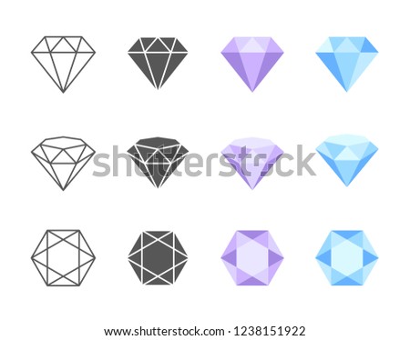 Collection of colorful and black and white vector icons of Diamonds. Side, three quarters and top view of four solutions of coloring