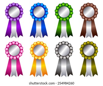 Collection of colorful blank rosette ribbons. Shiny purple blue green brown pink yellow white / gray color ribbons with silver 