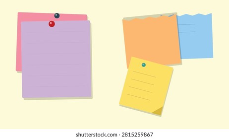 A collection of colorful blank sticky notes and memo papers featuring push pins and ripped paper edges. The set includes pink, purple, orange, blue, and yellow note sheets with lined and unlined surfaces. Perfect for office reminders, to-do lists, study planners, notice boards, school projects, and organizational graphic designs.
#StickyNotes #OfficeStationery #MemoPaper #VectorDesign #GraphicAssets #NotePaper #ToDoList #NoticeBoard #DesignElements #ColorNotes