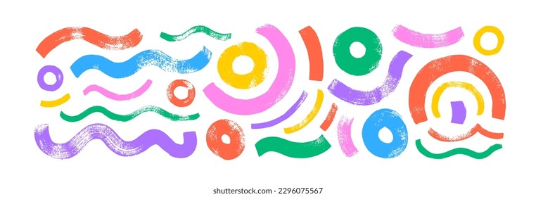 Collection colorful bold circular shapes and wavy lines. Brush drawn vector grunge curved strokes. Trendy vector design with bright color basic geometric shapes. Grunge figures, circles and waves.