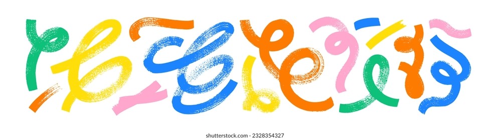 Collection colorful bold curved lines with loops isolated on white. Hand drawn bold grunge wavy and swirled brush strokes. Simple childish vector scribbles and squiggles. Creative trendy style design.