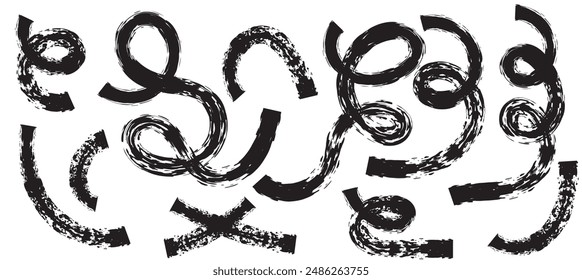 Collection colorful bold curved lines with loops isolated on white. Hand drawn bold grunge wavy and swirled brush strokes. Simple childish vector scribbles and squiggles. Creative trendy style design.