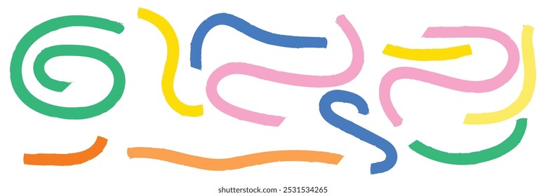 Collection colorful bold curved lines with loops isolated on white. Hand drawn bold grunge wavy and swirled brush strokes. Simple childish vector scribbles and squiggles. Creative trendy style design