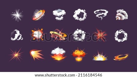 Collection of colorful bomb explosion. Blast atom explosive effect. Burn abstract exploded hydrogen with dust, energy or fire. Atomic destruction danger catastrophe detonate cartoon vector