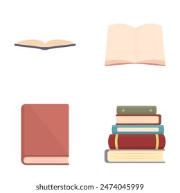 Collection of colorful book illustrations with different angles, isolated on a white background, featuring elements of education, learning, and literature