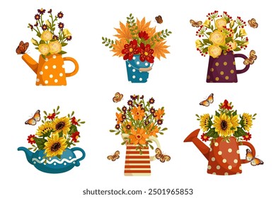 Collection of colorful bouquets of autumn flowers and leaves in vintage vases, wicker baskets with butterflies. Vector graphics.