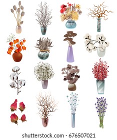 Collection of colorful bouquets in vases of various shapes with dry flowers for designers florists on white background flat vector illustration