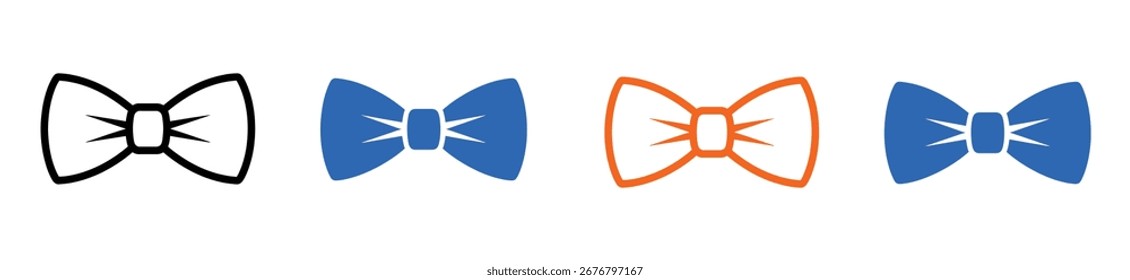 Collection of colorful bow tie illustrations in   tones, shown in a flat vector style. Each bowtie features a unique shape and knot, perfect for fashion, celebration, or design elements