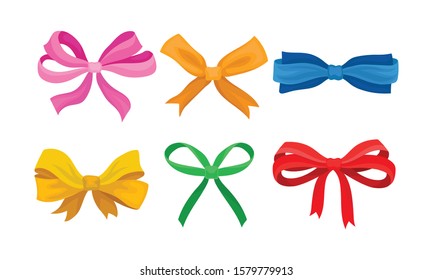 Collection of Colorful Bows and Ribbons of Different Shapes Vector Illustration