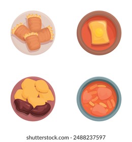 Collection of colorful breakfast food illustrations featuring classic morning dishes