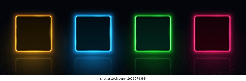 Colección de coloridos marcos de neón brillante con sombras y reflejos aislados sobre un fondo oscuro. Vector 3d ilustración.