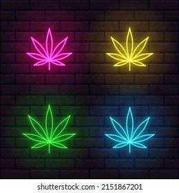 Collection Of Colorful Bright Neon Weed Leaf Icons. Editable Color And Brightness. Different Thickness. Transparent Glow. Brickwall Background