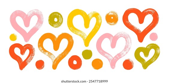 Collection of colorful brush drawn bold hearts with dots and circles. Hand drawn romantic elements isolated on white background. Abstract cute heart shapes for Valentine's day design, collages.