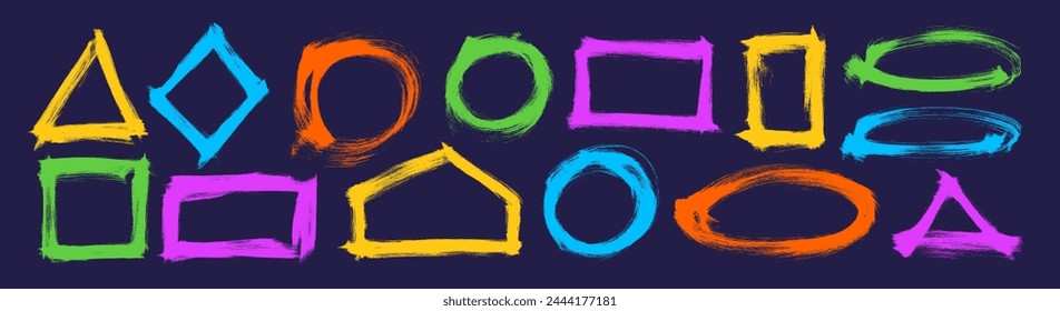 Collection of colorful brush drawn grunge geometric frames. Various basic geometric shapes and forms in childish style. Hand drawn bold abstract frames. Circle, rectangle, square, triangle and rhombus