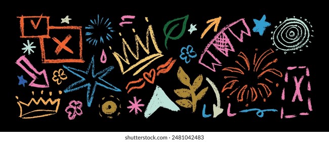 Collection of colorful  brush drawn symbols:  crowns, arrows, crosses, butterfly, star, flower,  swirls and dots with dry brush texture. Exclamation and question marks. Bold graffiti style shapes. 