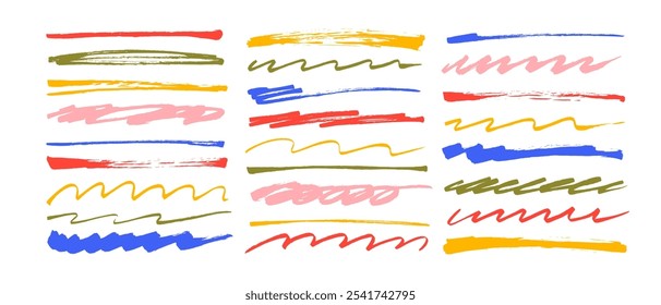 Colección de pinceles de colores dibujados con subrayados y trazos tachados. Conjunto dibujado a mano de varias líneas de garabato y trazos de pincel ondulados. Squiggle subrayados Horizontales o divisores. Rayas Doodle.